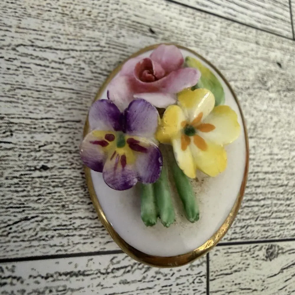 Artone Vintage British Bone China Yellow Rose Pansies Flower Brooch England
